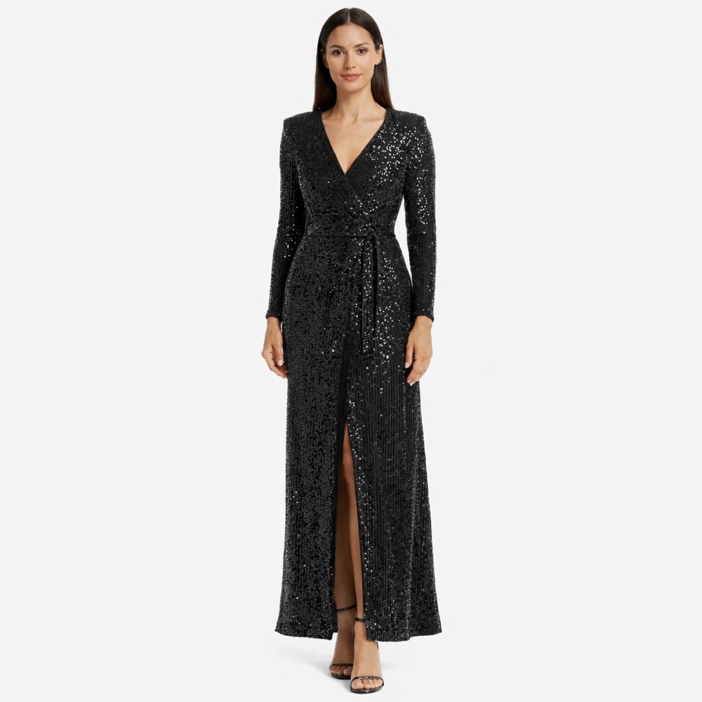 Eliza J -  Black Sequin Long-Sleeve Wrap‎ Gown